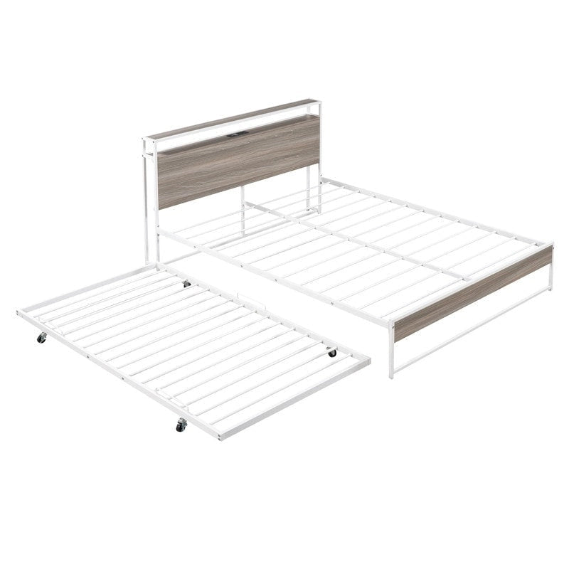 Lit plateforme en métal queen size avec lit gigogne, ports USB, pas besoin de sommier tapissier