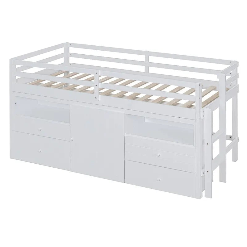 Lit mezzanine une place avec 4 tiroirs, placard et étagères