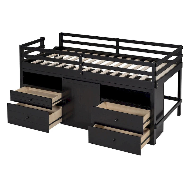 Lit mezzanine une place avec 4 tiroirs, placard et étagères