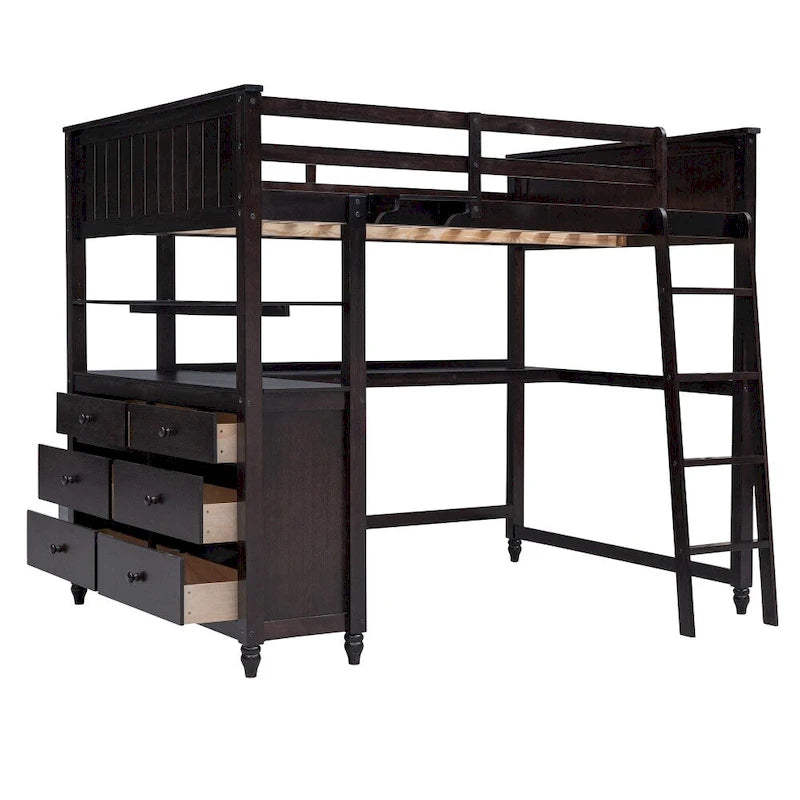 Lit mezzanine double avec tiroirs et bureau