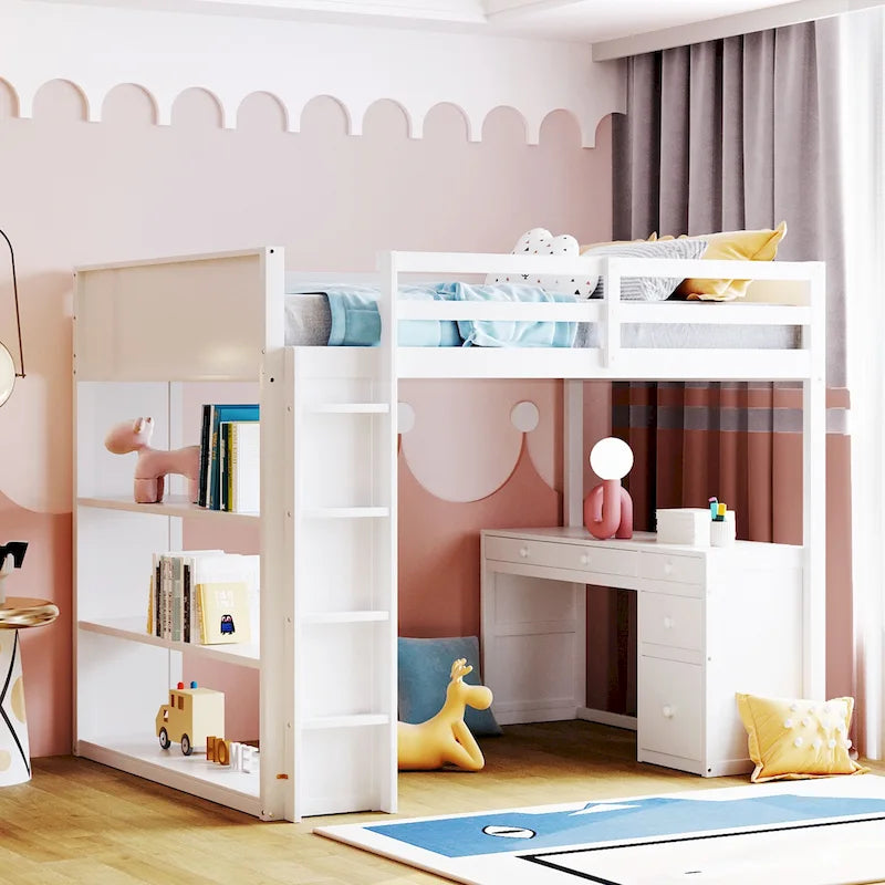 Lit mezzanine avec échelle, étagères et bureau
