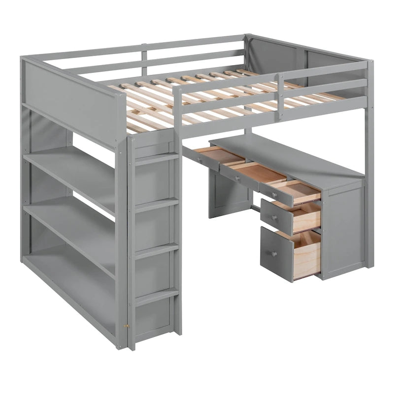 Lit mezzanine avec échelle, étagères et bureau