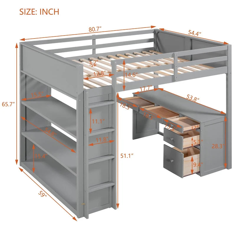 Lit mezzanine avec échelle, étagères et bureau