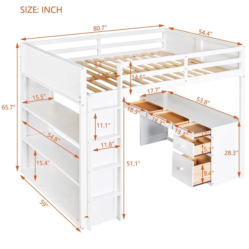 Lit mezzanine avec échelle, étagères et bureau