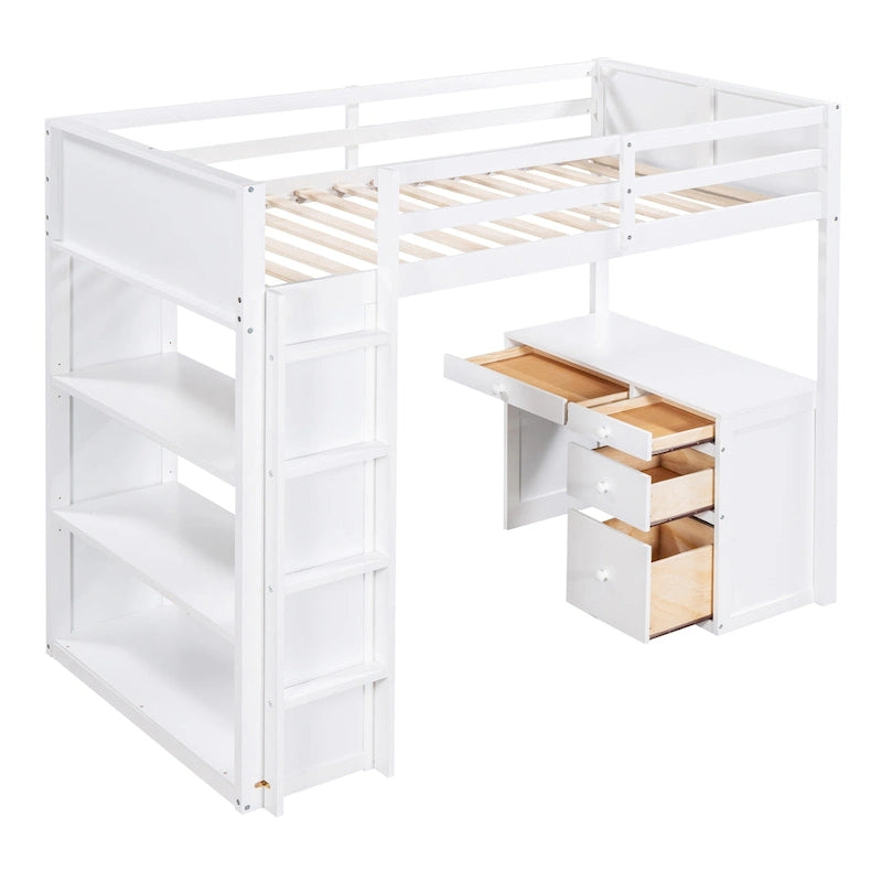 Lit mezzanine avec échelle, étagères et bureau