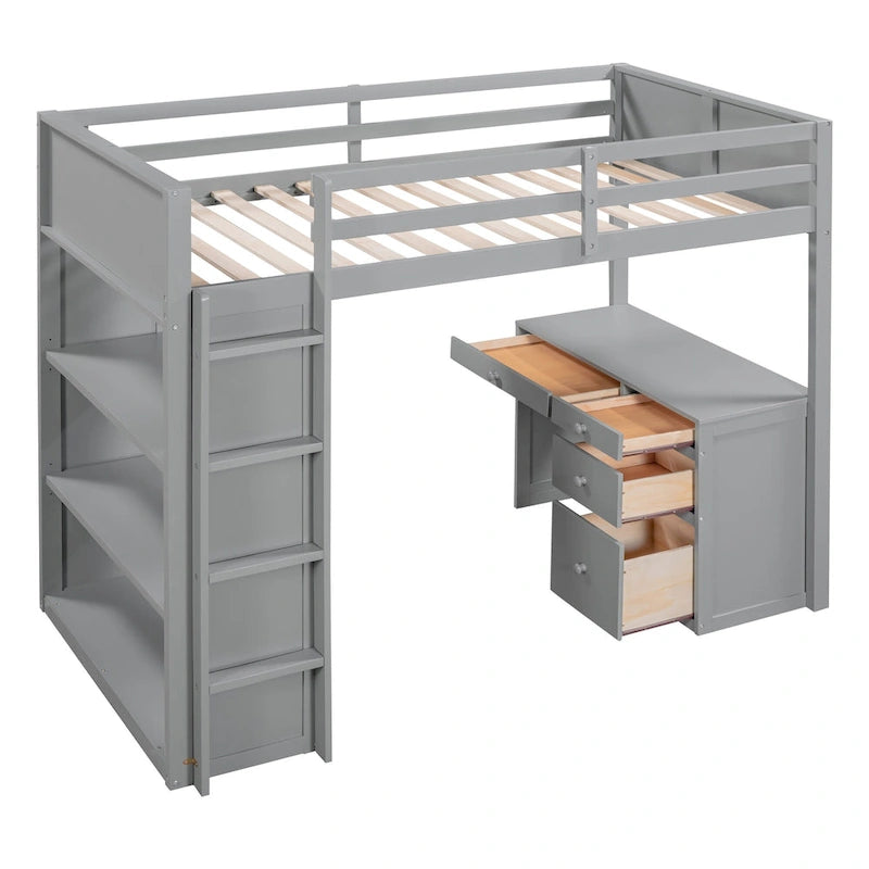 Lit mezzanine avec échelle, étagères et bureau