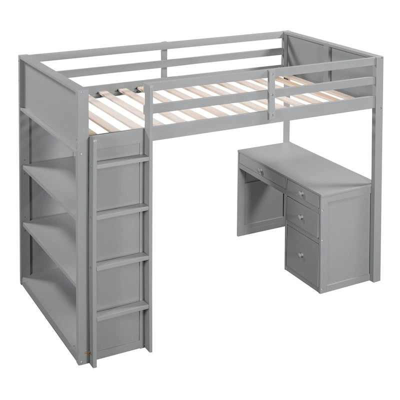Lit mezzanine avec échelle, étagères et bureau