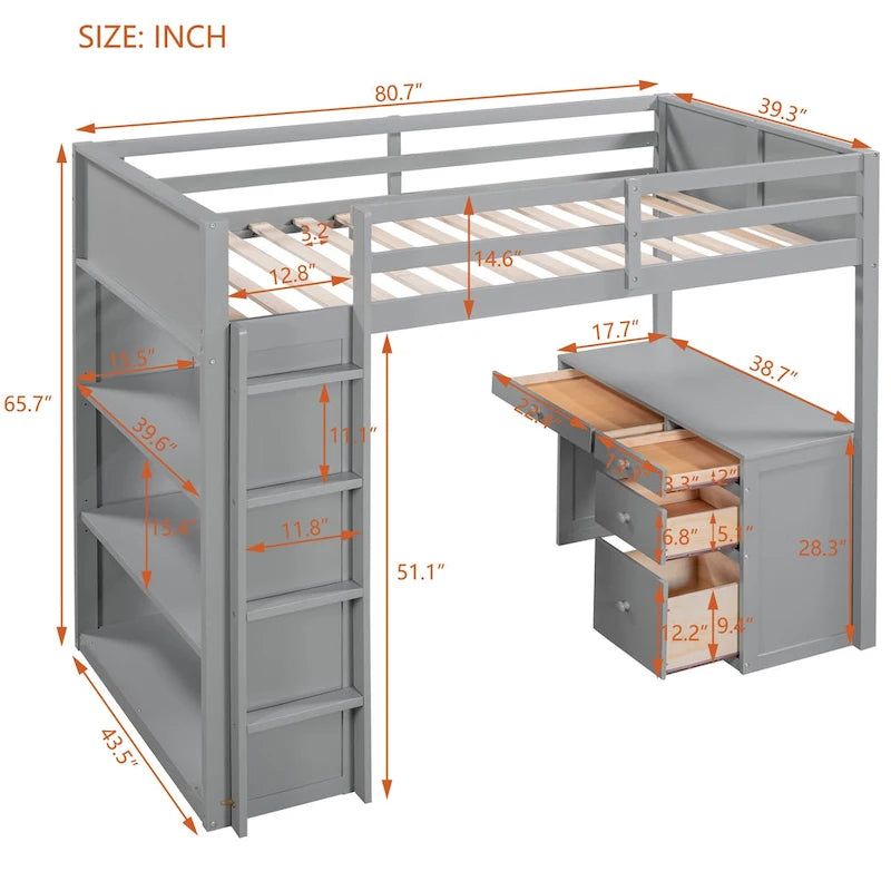 Lit mezzanine avec échelle, étagères et bureau