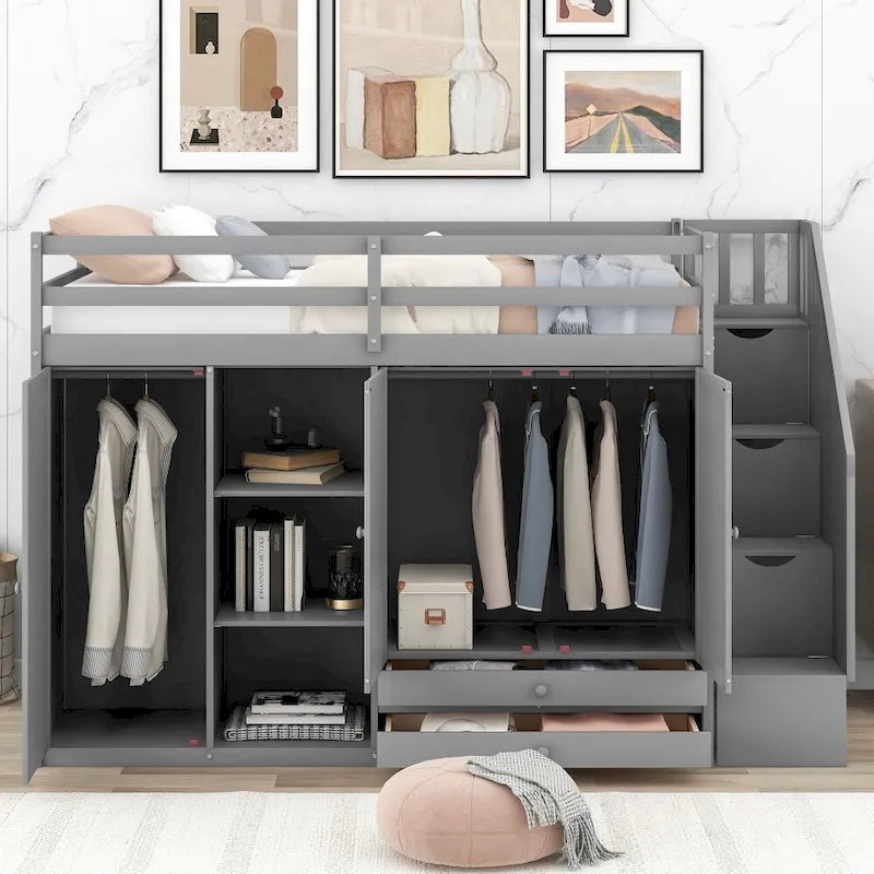 Functional Loft Bed with 3 Shelves, 2 Wardrobes and 2 Drawers, Ladder with Storage, No Box Spring Needed
