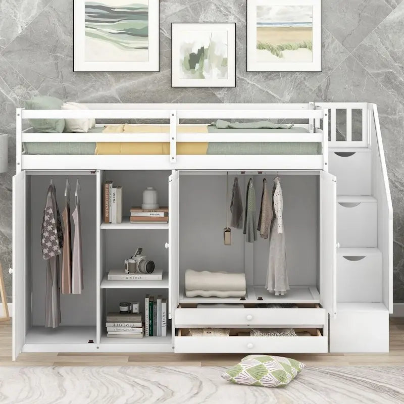 Lit mezzanine fonctionnel avec 3 étagères, 2 armoires et 2 tiroirs, échelle avec rangement, pas besoin de sommier tapissier