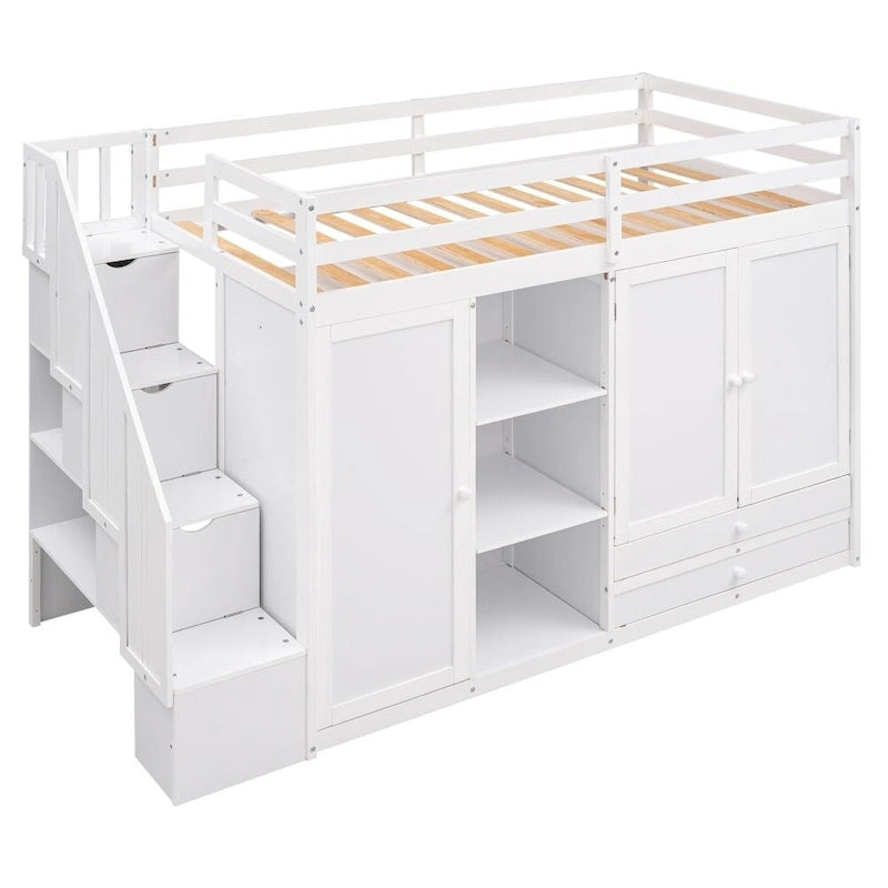 Lit mezzanine fonctionnel avec 3 étagères, 2 armoires et 2 tiroirs, échelle avec rangement, pas besoin de sommier tapissier