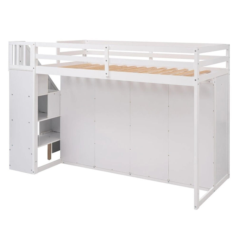 Lit mezzanine fonctionnel avec 3 étagères, 2 armoires et 2 tiroirs, échelle avec rangement, pas besoin de sommier tapissier