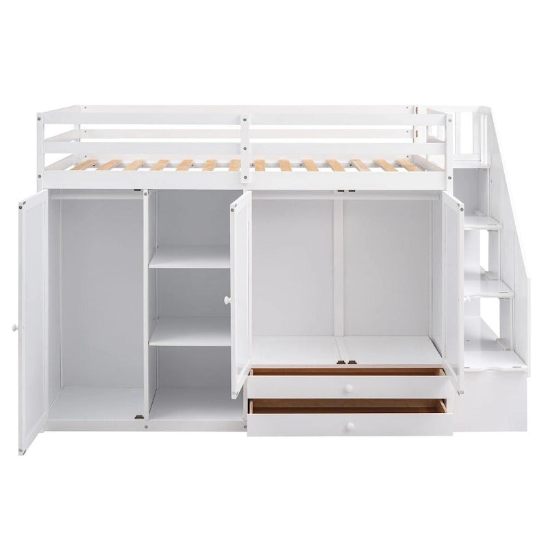 Lit mezzanine fonctionnel avec 3 étagères, 2 armoires et 2 tiroirs, échelle avec rangement, pas besoin de sommier tapissier
