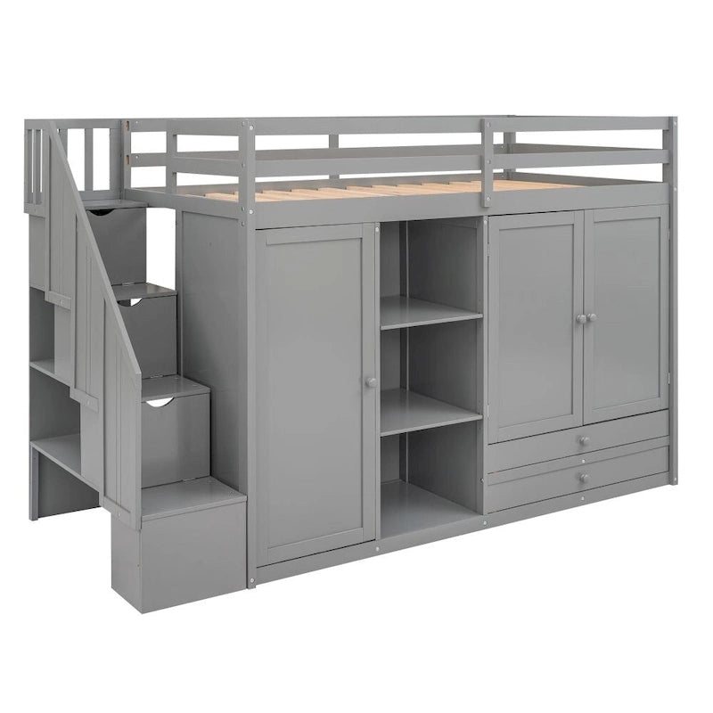 Lit mezzanine fonctionnel avec 3 étagères, 2 armoires et 2 tiroirs, échelle avec rangement, pas besoin de sommier tapissier