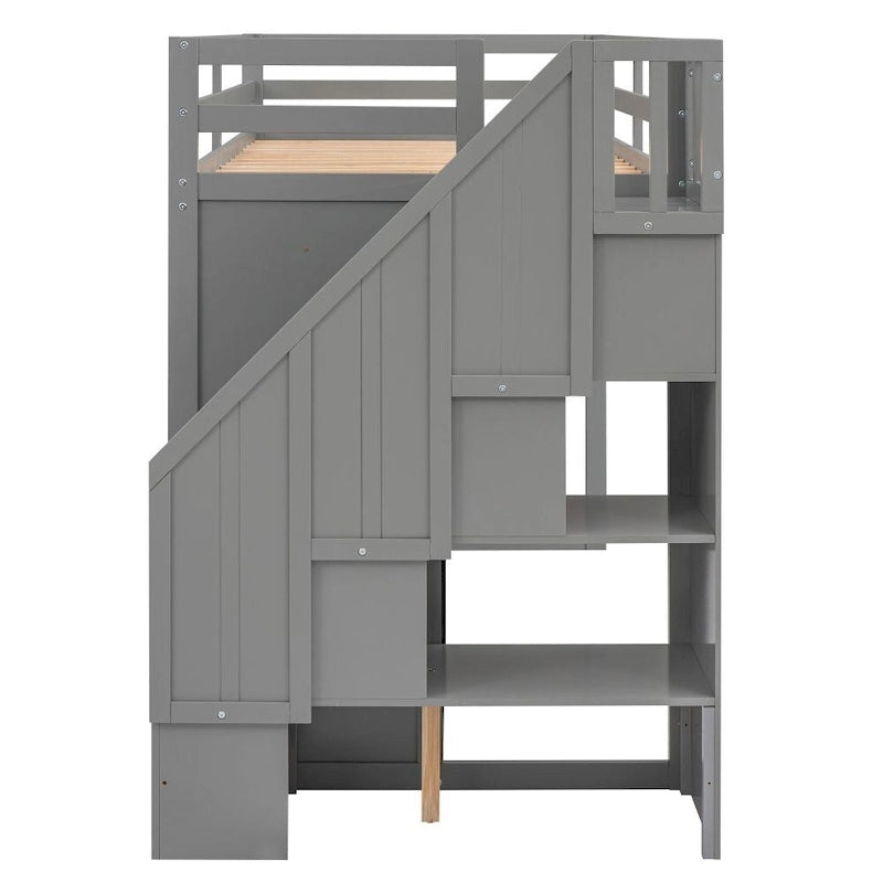 Lit mezzanine fonctionnel avec 3 étagères, 2 armoires et 2 tiroirs, échelle avec rangement, pas besoin de sommier tapissier