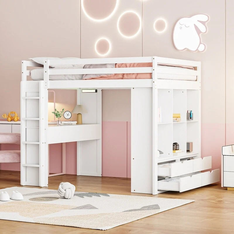 Lit mezzanine double avec étagères, tiroirs, bureau et lumière LED