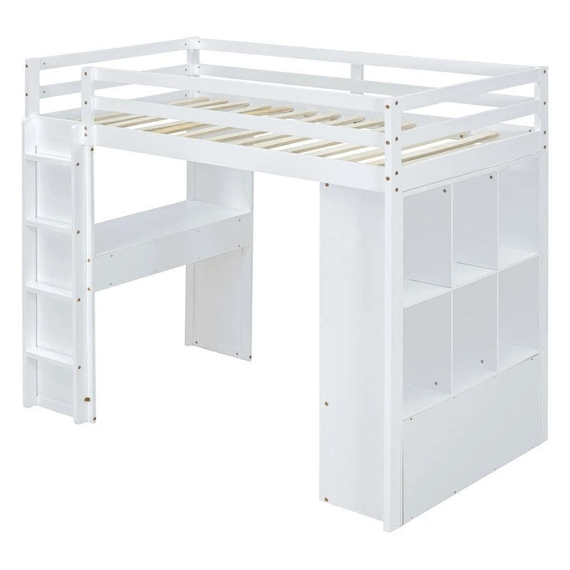 Lit mezzanine double avec étagères, tiroirs, bureau et lumière LED