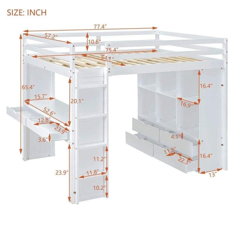 Lit mezzanine double avec étagères, tiroirs, bureau et lumière LED