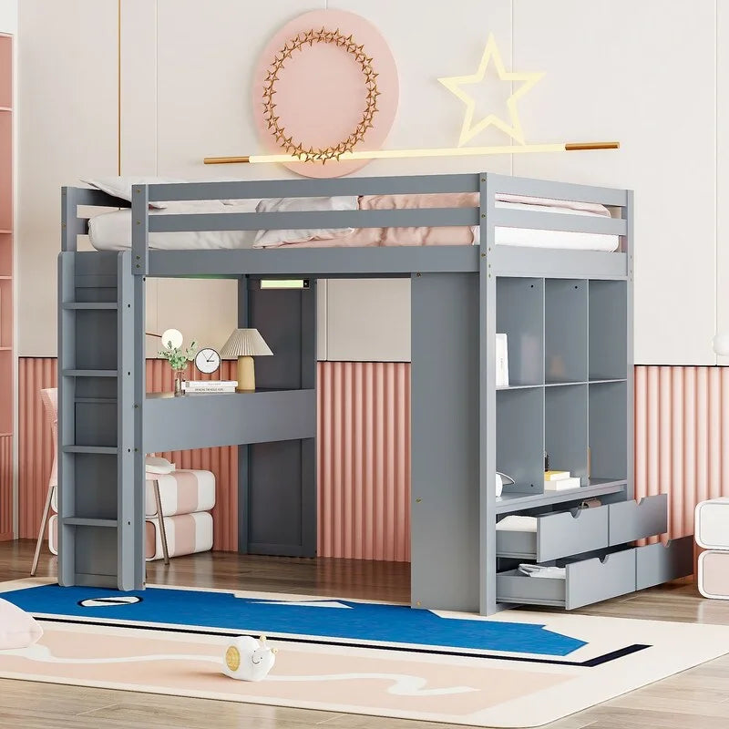 Lit mezzanine double avec étagères, tiroirs, bureau et lumière LED