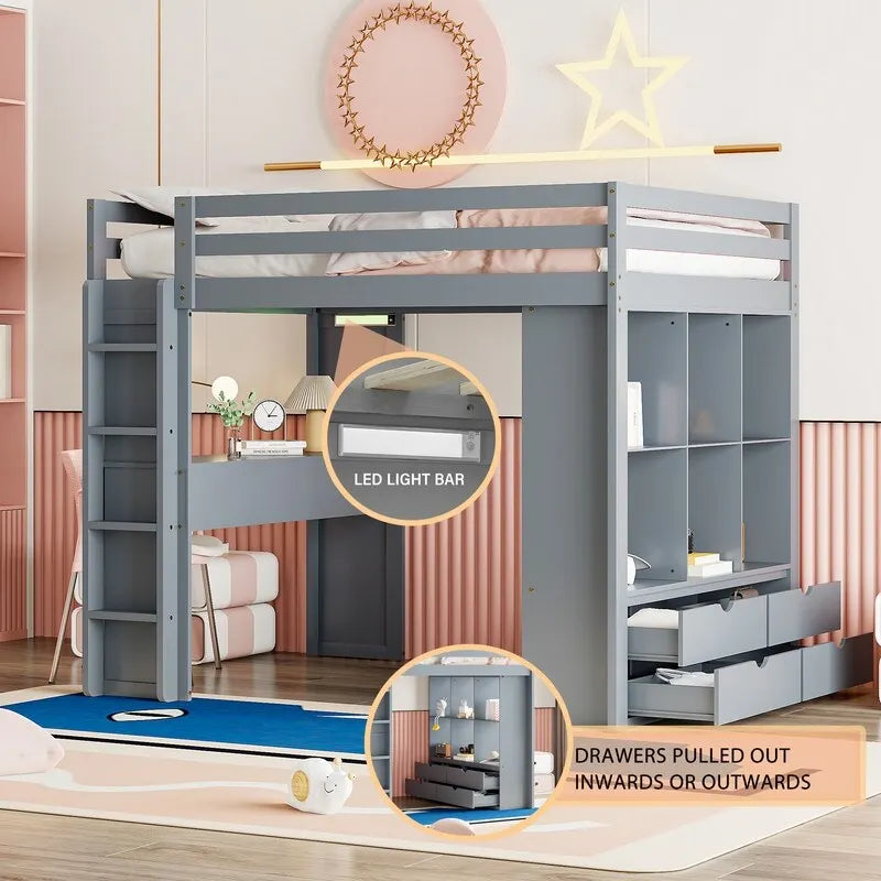 Lit mezzanine double avec étagères, tiroirs, bureau et lumière LED