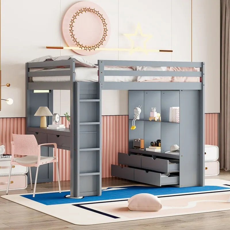 Lit mezzanine double avec étagères, tiroirs, bureau et lumière LED