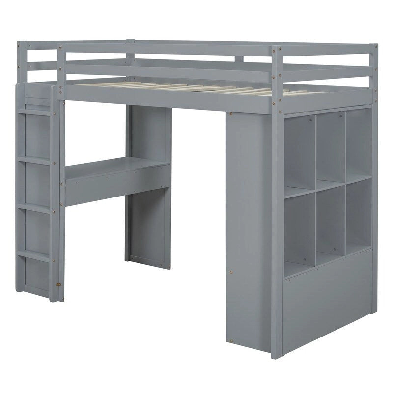 Lit mezzanine double avec étagères, tiroirs, bureau et lumière LED