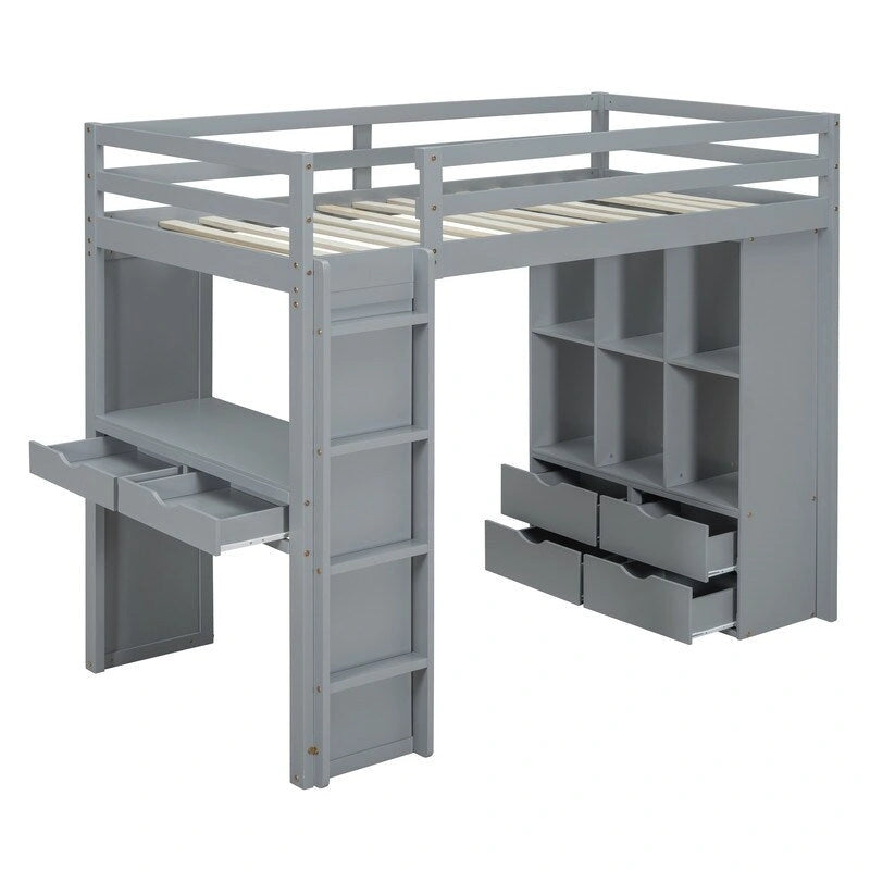 Lit mezzanine double avec étagères, tiroirs, bureau et lumière LED