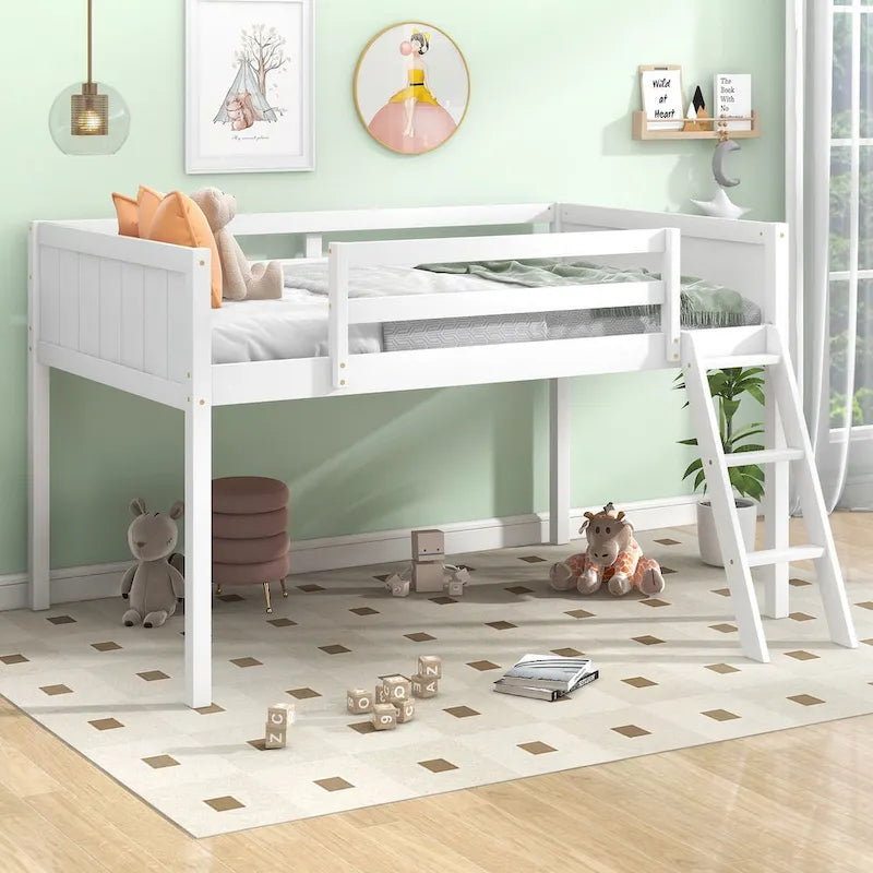 Twin Size Wood Low Loft Bed with Ladder