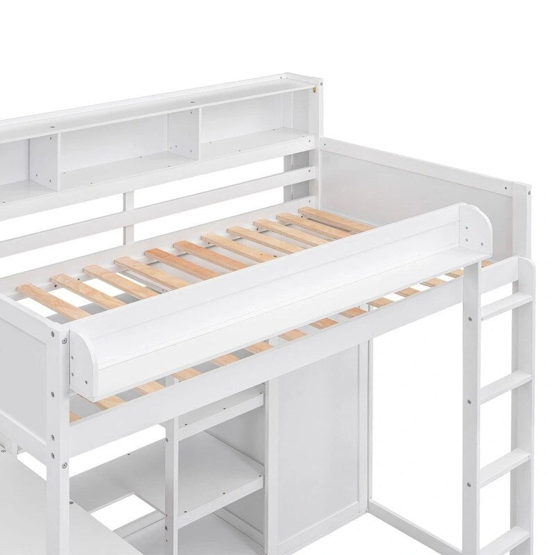 Wooden Twin Size Loft bed with Multiple Storage Shelves and Wardrobe