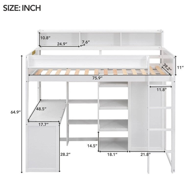 Lit mezzanine en bois pour enfant avec plusieurs étagères de rangement et armoire