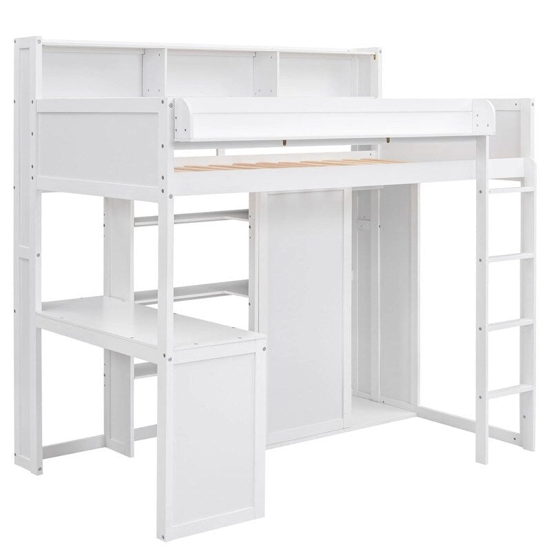 Lit mezzanine en bois pour enfant avec plusieurs étagères de rangement et armoire