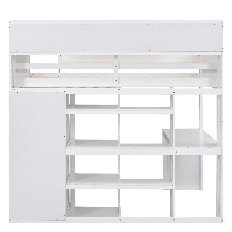 Lit mezzanine en bois pour enfant avec plusieurs étagères de rangement et armoire