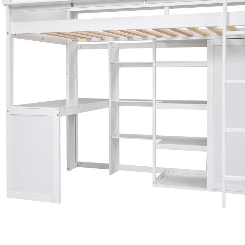 Lit mezzanine en bois pour enfant avec plusieurs étagères de rangement et armoire