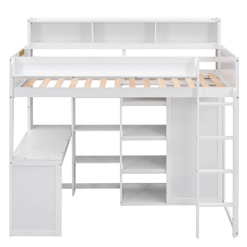 Lit mezzanine en bois pour enfant avec plusieurs étagères de rangement et armoire