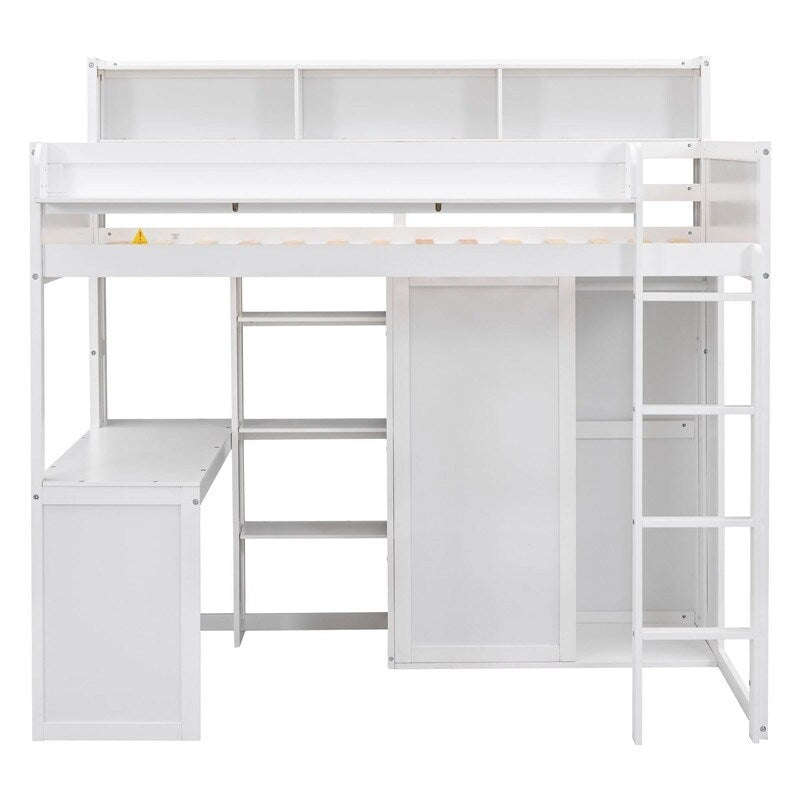 Lit mezzanine en bois pour enfant avec plusieurs étagères de rangement et armoire