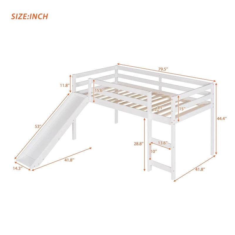 Lit mezzanine en bois massif de taille double avec toboggan et échelle