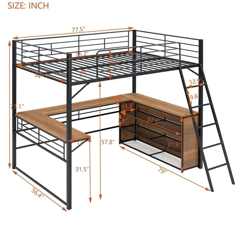 Lit mezzanine en métal pleine grandeur avec 3 niveaux d'étagères et bureau en forme de L