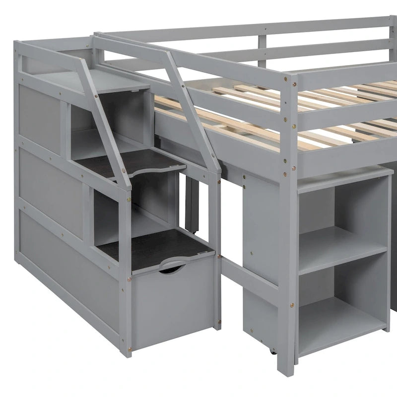 Full Size Loft Bed with Retractable Writing Desk and 3 Drawers, Wooden Loft Bed with Storage Stairs