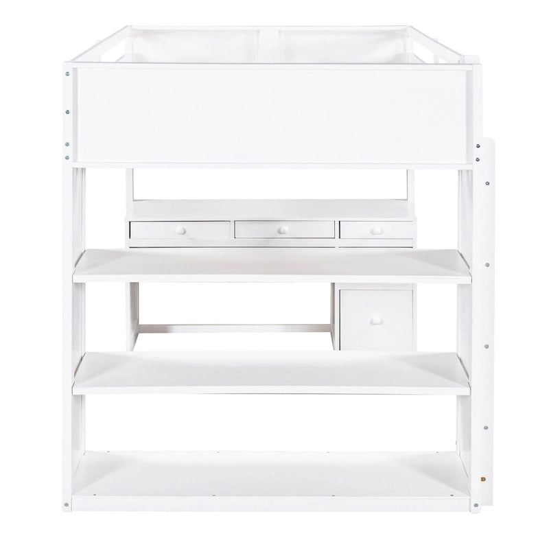 Lit mezzanine pleine grandeur avec bureau d'étude intégré, cadre de lit en bois massif avec étagères à 3 niveaux et tiroirs de rangement, lit polyvalent