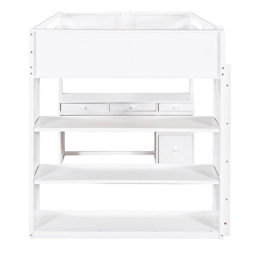 Lit mezzanine pleine grandeur avec bureau d'étude intégré, cadre de lit en bois massif avec étagères à 3 niveaux et tiroirs de rangement, lit polyvalent