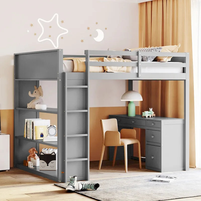 Lit mezzanine pleine grandeur avec bureau d'étude intégré, cadre de lit en bois massif avec étagères à 3 niveaux et tiroirs de rangement, lit polyvalent