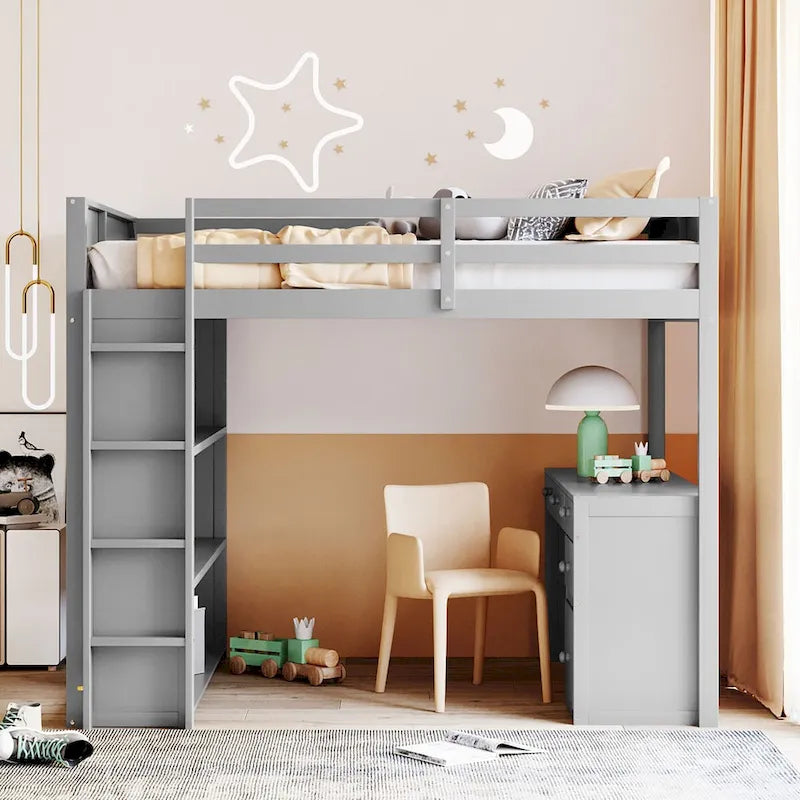 Lit mezzanine pleine grandeur avec bureau d'étude intégré, cadre de lit en bois massif avec étagères à 3 niveaux et tiroirs de rangement, lit polyvalent