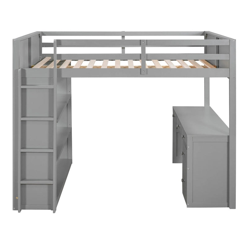 Lit mezzanine pleine grandeur avec bureau d'étude intégré, cadre de lit en bois massif avec étagères à 3 niveaux et tiroirs de rangement, lit polyvalent