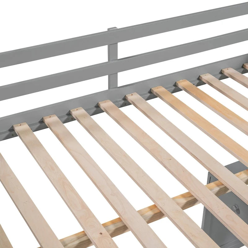 Lit mezzanine pleine grandeur avec bureau d'étude intégré, cadre de lit en bois massif avec étagères à 3 niveaux et tiroirs de rangement, lit polyvalent