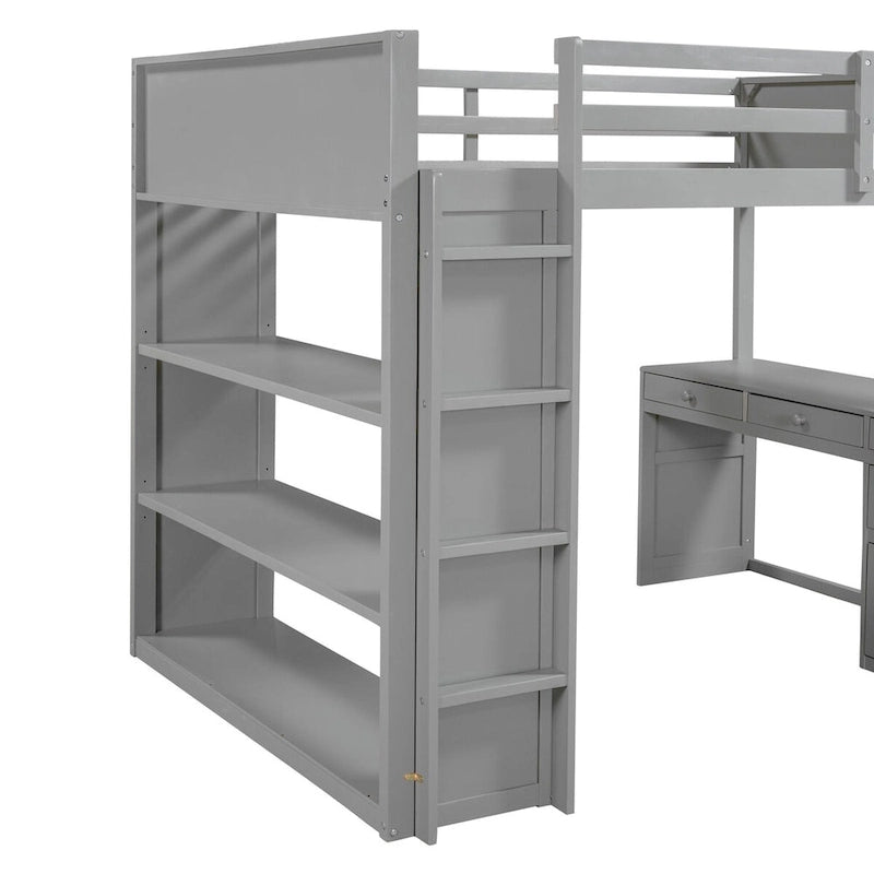 Lit mezzanine pleine grandeur avec bureau d'étude intégré, cadre de lit en bois massif avec étagères à 3 niveaux et tiroirs de rangement, lit polyvalent