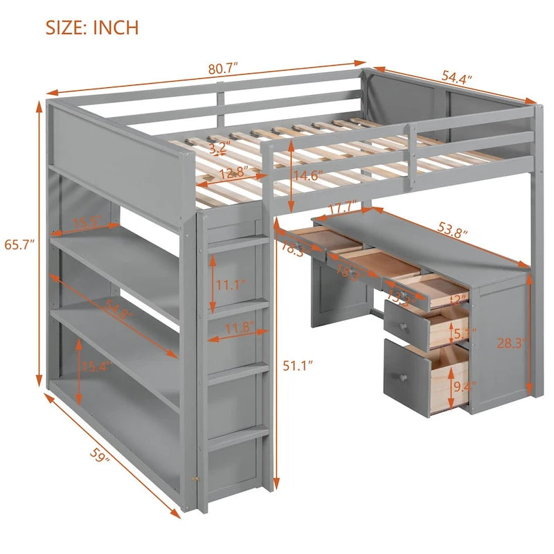 Lit mezzanine pleine grandeur avec bureau d'étude intégré, cadre de lit en bois massif avec étagères à 3 niveaux et tiroirs de rangement, lit polyvalent