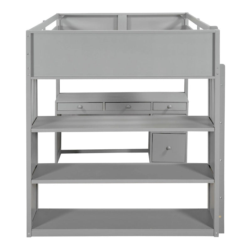 Lit mezzanine pleine grandeur avec bureau d'étude intégré, cadre de lit en bois massif avec étagères à 3 niveaux et tiroirs de rangement, lit polyvalent