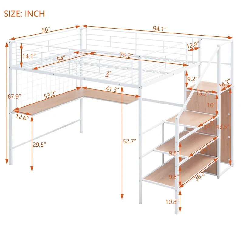Full Size Metal Loft Bed with Desk and Metal Grid, Wardrobe