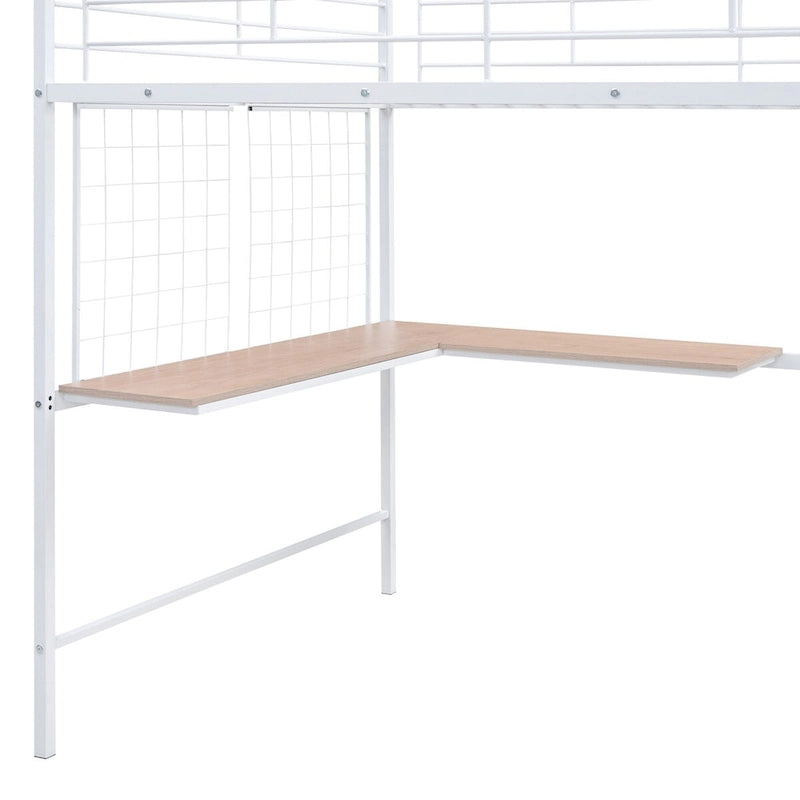 Lit mezzanine double en métal avec bureau, grille métallique et armoire