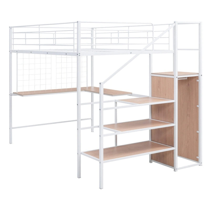 Lit mezzanine double en métal avec bureau, grille métallique et armoire